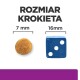 Obraz porównujący rozmiary krokietów dla zwierząt: okrągły krokiet 7 mm obok niebieskiej kostki o wymiarach 16 mm, z tekstem 'ROZMIAR KROKIETA' powyżej.