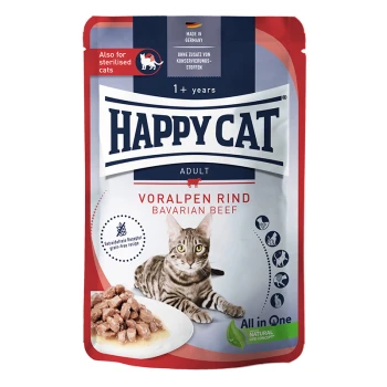 Verpackung für Happy Cat Adult Bayerisches Rindfleisch Katzenfutter mit einer getigerten Katze, einer Schüssel mit Nassfutter und Text, der das getreidefreie Rezept hervorhebt.