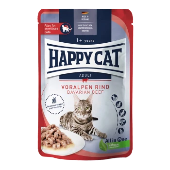 Verpackung für Happy Cat Adult Bayerisches Rindfleisch Katzenfutter mit einer getigerten Katze, einer Schüssel mit Nassfutter und Text, der das getreidefreie Rezept hervorhebt.