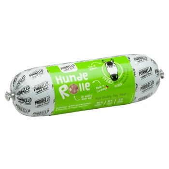 Hochwertige Hundefutterrolle mit der Aufschrift 'Hunde Rolle' in grünem Design, mit einem Pferdegrafik, hergestellt in Deutschland, 90% Fleisch.