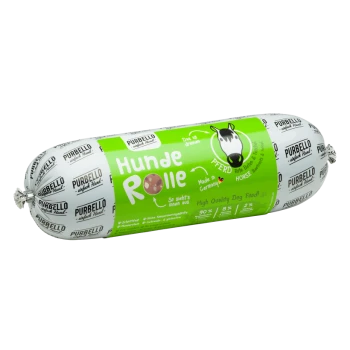 Hochwertige Hundefutterrolle mit der Aufschrift 'Hunde Rolle' in grünem Design, mit einem Pferdegrafik, hergestellt in Deutschland, 90% Fleisch.