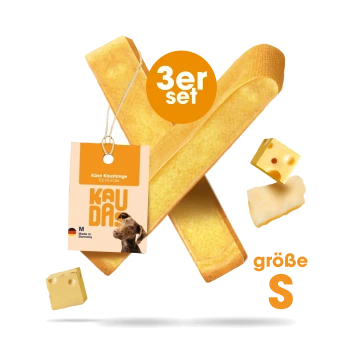 Käse-Kaustangen für Hunde, Größe S, im 3er-Pack. Das Etikett lautet "Käse Kaustange für Hunde," mit einem Hundebild und "Hergestellt in Deutschland."