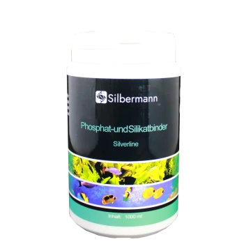 Behälter von Silbermann Phosphat- und Silikatbinder, 1000 ml, mit bunten Fischbildern auf dem Etikett.
