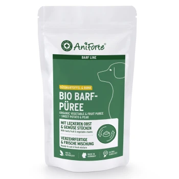 Bio-Gemüse- und Obstpüree für Hunde, mit Süßkartoffel und Birne, in einem grünen Beutel mit der Aufschrift "AniForte BIO BARF-PÜREE."