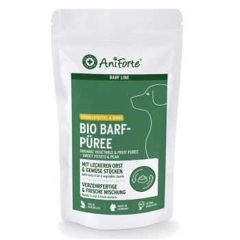 Bio-Gemüse- und Obstpüree für Hunde, mit Süßkartoffel und Birne, in einem grünen Beutel mit der Aufschrift "AniForte BIO BARF-PÜREE."