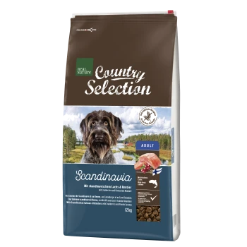 Hundfutterbeutel mit der Aufschrift 'Real Nature Country Selection', der die 'Skandinavien'-Formel mit Lachs und Rentier enthält, 12 kg.