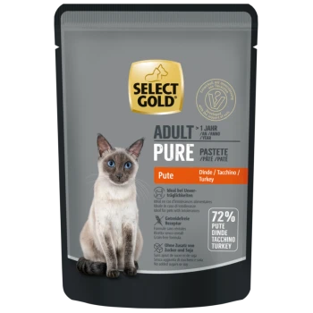 Select Gold Adult Pure Turkey Katzenfutterbeutel mit Bild einer Siamkatze, getreidefrei, ohne Zuckerzusatz oder Soja, 72 % Truthahn.