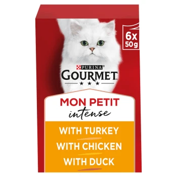 Purina Gourmet Mon Petit Intense cat food packaging featuring a white cat, with flavors: turkey, chicken, and duck.
