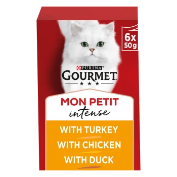 Purina Gourmet Mon Petit Intense cat food packaging featuring a white cat, with flavors: turkey, chicken, and duck.