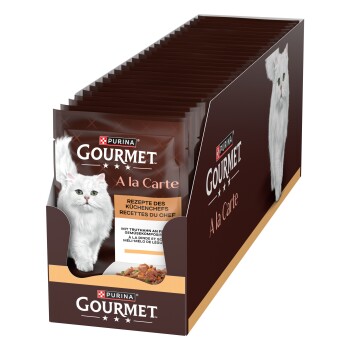Purina Gourmet 'A la Carte' Verpackungsdisplay mit Bild einer weißen langhaarigen Katze und sichtbarer GOURMET-Kennzeichnung
