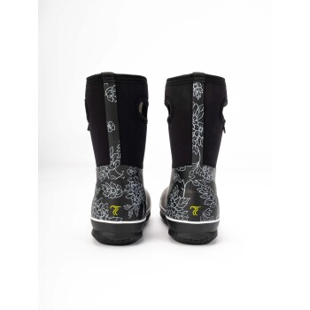 Schwarze Gummistiefel für Haustiere mit Blumenmustern, mit Zuglaschen und einem gelben Logo auf der Sohle, von hinten gezeigt.