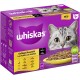 Boîte de nourriture pour chat Whiskas présentant un gros plan du visage d'un chat, étiquetée 'Sélection de volaille' avec 12 portions en sauce, ingrédients de qualité 100%.