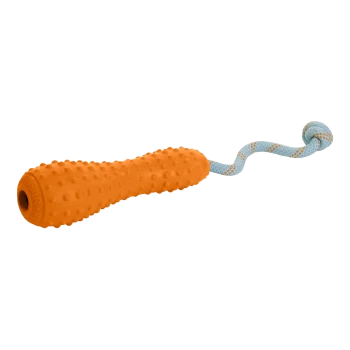 Oranges Gummihundespielzeug mit strukturierter Oberfläche und einem blauen Seil, ideal zum Apportieren und Kauen.