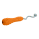 Oranges Gummihundespielzeug mit strukturierter Oberfläche und einem blauen Seil, ideal zum Apportieren und Kauen.