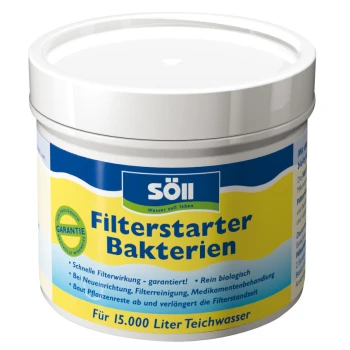 FilterStarterBakterien 100g Behälter mit Söll Filterstarter-Bakterien für Teichwasser, verspricht schnelle Filtration, biologische Inhaltsstoffe und geeignet für 15.000 Liter.