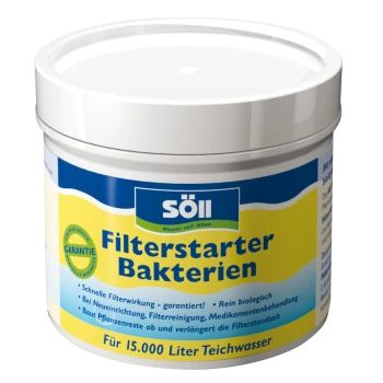 Contenant de bactéries Söll Filterstarter pour l'eau de bassin, promettant une filtration rapide, des ingrédients biologiques, et adapté pour 15 000 litres.