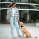 Junge Frau in karierter Jacke und hellen Jeans hält eine Leine, während ein goldfarbener Hund draußen vor einem Gebäude sitzt und zu ihr aufblickt.