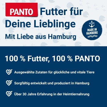 PANTO-Tierfutteranzeige (Deutsch): „Futter für Deine Lieblinge“, „Mit Liebe aus Hamburg“, „100% Futter, 100% PANTO“ mit Siegel 'Made in Hamburg'.