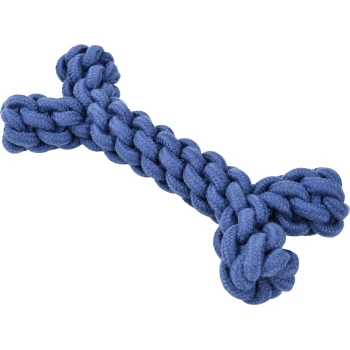 Blaues Seil-Hundespielzeug in Form eines Knochens, mit geflochtener Textur und geknoteten Enden für Haltbarkeit und Spielspaß.