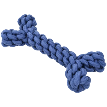 Blue rope dog toy shaped like a bone, featuring a braided texture and knotted ends for durability and playfulness.