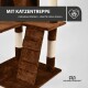 Brauner Katzenbaum mit einer Rampe, Kratzpfosten und Text: "MIT KATZENTREPPE - müheloses Klettern - ideal für ältere Katzen."