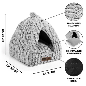 Gemütliche graue Haustierhöhle mit einem plüschigen Äußeren, mit einem abnehmbaren Kissen, rutschfester Unterseite und Abmessungen von etwa 37 cm.