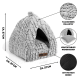 Gemütliche graue Haustierhöhle mit einem plüschigen Äußeren, mit einem abnehmbaren Kissen, rutschfester Unterseite und Abmessungen von etwa 37 cm.