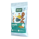 Green Petfood Loopies-Tüte mit Insekten-Hundesnacks, Cartoon-Mann und Hund, ringenförmige Leckerlis; zeigt die Texte 'Insect Dog' und 'Mono Protein'.
