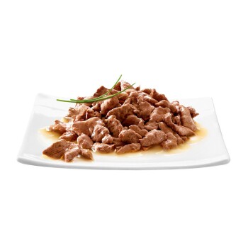 Een bord met vochtige, gescheurde vlees in jus, gegarneerd met groene bieslook, dat een verleidelijk huisdiervoedingsgerecht toont.