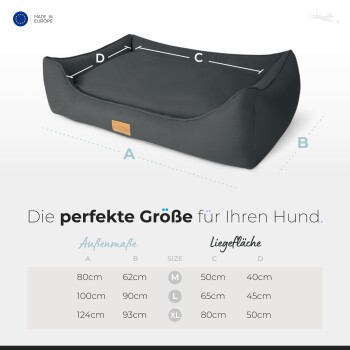 Hundebett in Dunkelgrau mit den Maßen A, B, C, D; der Text auf Deutsch lautet "Die perfekte Größe für Ihren Hund" und eine Größentabelle.