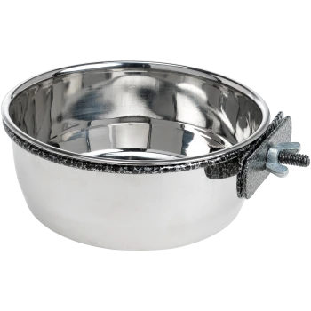 Edelstahl-Tiernäpfe mit verstellbarer Metallklammer zum Befestigen an Käfigen oder Boxen, glänzende und reflektierende Oberfläche.