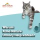 Eine grau-weiße Katze mit grünen Augen ruht auf einem türkisfarbenen Hintergrund mit dem Text: "Warum Almo Nature Urinary Help wählen?" und Logo.