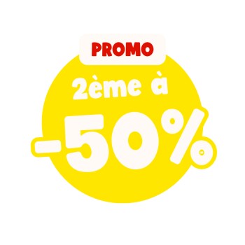 Badge circulaire jaune de promotion avec l'étiquette blanche «PROMO» et le texte blanc «2ème à -50%»