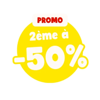 Badge circulaire jaune de promotion avec l'étiquette blanche «PROMO» et le texte blanc «2ème à -50%»