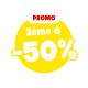 Badge circulaire jaune de promotion avec l'étiquette blanche «PROMO» et le texte blanc «2ème à -50%»