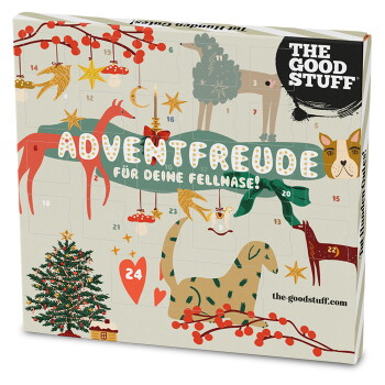 Adventskalender-Box für Haustiere mit illustrierten Motiven (Katze, Hunde und Baum), Text 'ADVENTFREUDE', 'FÜR DEINE FELLNASE!' und dem Logo 'THE GOOD STUFF'.