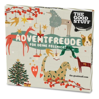 Adventskalender-Box für Haustiere mit illustrierten Motiven (Katze, Hunde und Baum), Text 'ADVENTFREUDE', 'FÜR DEINE FELLNASE!' und dem Logo 'THE GOOD STUFF'.