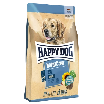Happy Dog NaturCroq XXL Erwachsenenfutterbeutel mit einem Golden Retriever auf der Vorderseite, der 100% natürliche Zutaten hervorhebt.