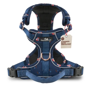 Ein marineblaues Haustiergeschirr mit Blumenmustern, das ein atmungsaktives Mesh-Design, verstellbare Riemen und ein Etikett mit der Aufschrift "ATMUNGS-AKTIV GEPOLSTERT" aufweist.
