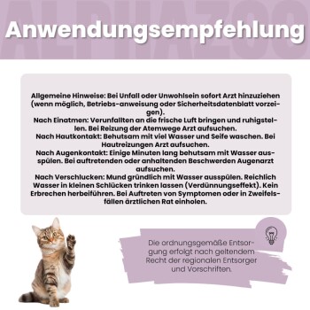 Katze hebt die Pfote, deutscher Text mit Sicherheits- und Gebrauchsanweisungen für ein Haustierprodukt.