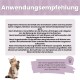 Katze hebt die Pfote, deutscher Text mit Sicherheits- und Gebrauchsanweisungen für ein Haustierprodukt.