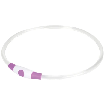 Un collier pour animaux flexible et transparent avec un fermoir ajustable violet et blanc.