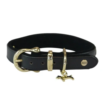 Halsband Sattelleder Luxus schwarz XXL Schwarzes Lederhalsband für Hunde mit goldenen Beschlägen, das einen charmanten Anhänger in Form eines Hundes und ein graviertes Logo aufweist.