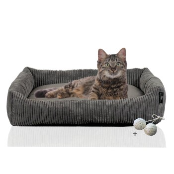 ® Katzenbett waschbar mit Gratis-Beigabe, robuster Breit-Cordstoff grau