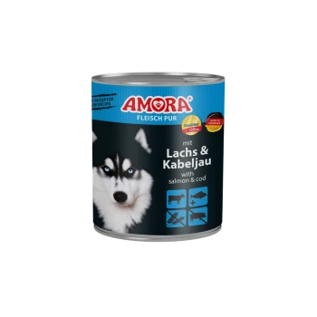 Dose AMORA Hundefutter (Fleisch Pur) mit Husky-Abbildung, beschriftet 'mit Lachs & Kabeljau / with salmon & cod'.
