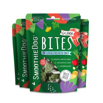 Drei grüne SmoothieDog Bites Beutel, gefriergetrocknete 'Lamm' Hundesnacks; Etikett zeigt 'Gefriergetrockneter Snack' und 'FREEZE DRIED'.