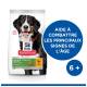 Sac de nourriture pour chiens présentant un chien de montagne bernois, étiqueté "Hill's Science Plan Senior Vitality" avec un texte promouvant les avantages liés à l'âge.