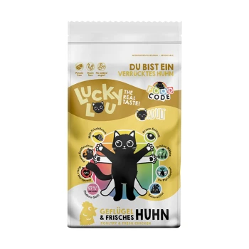 'Lucky Lou'-Beutel für erwachsene Katzen — Illustration einer schwarzen Cartoon-Katze, 'The Real Taste!', Food Code-Logo, Geflügel & frisches Huhn.