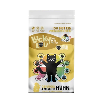 'Lucky Lou'-Beutel für erwachsene Katzen — Illustration einer schwarzen Cartoon-Katze, 'The Real Taste!', Food Code-Logo, Geflügel & frisches Huhn.