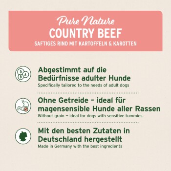 Nahaufnahme eines Hundes, der sich die Lippen leckt, umgeben von Grün. Text: "Gutes Futter benötigt keine künstlichen Vitamine." Aniforte-Logo oben.